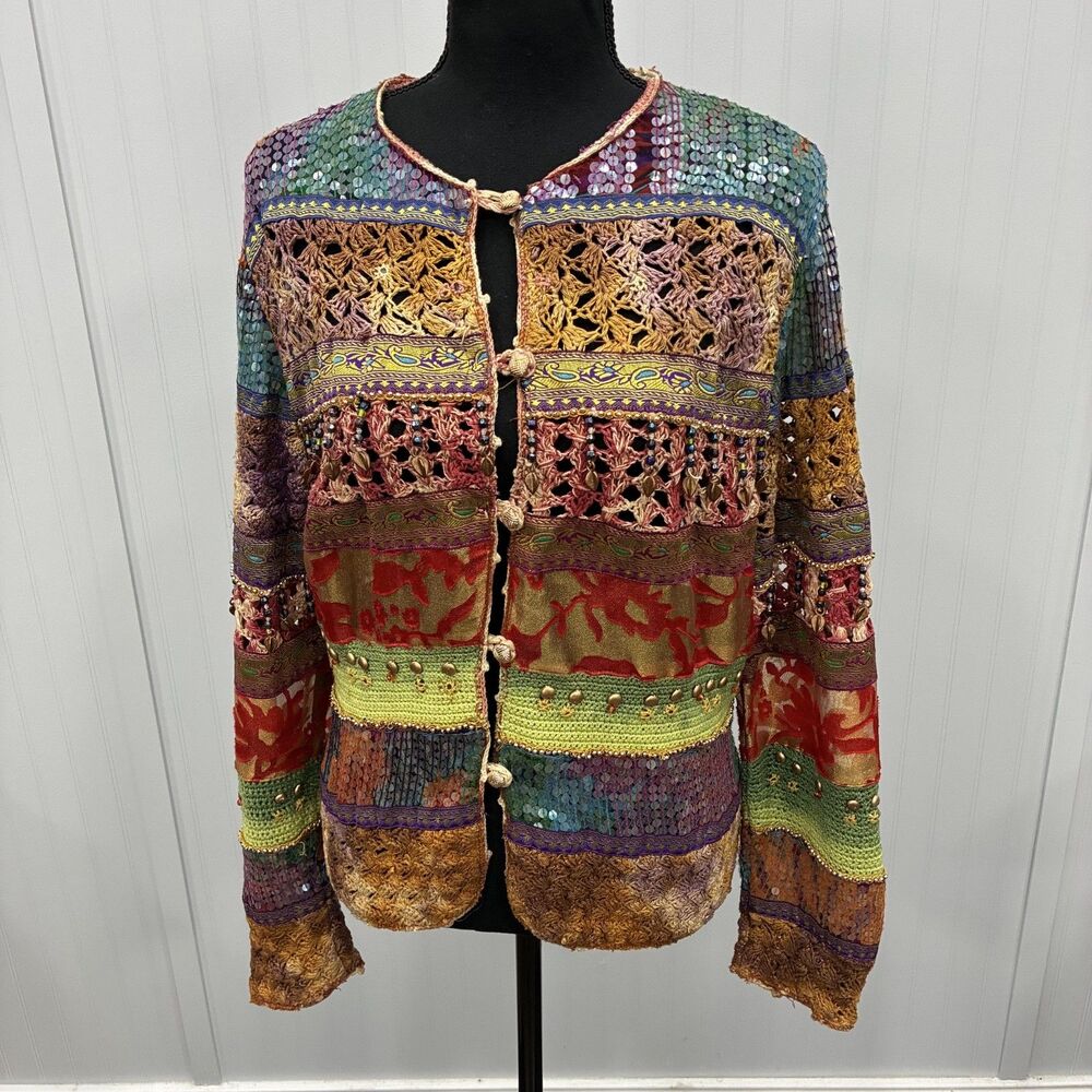 VTG Sandy Starkman Women's Med Multicolor Embellished Jacket Artsy Boho Chic